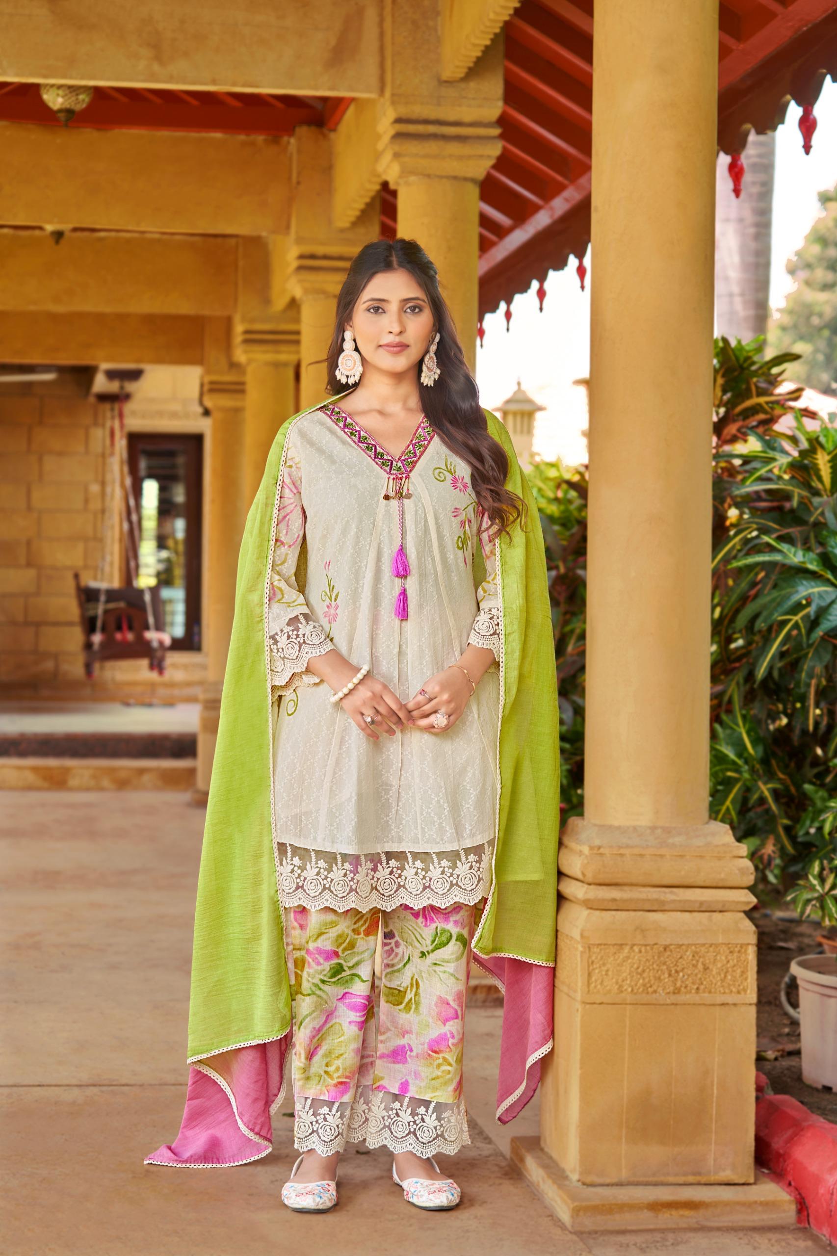 Top - Cotton Leno Shifali With Work Bottom - Cambric with work Duptta - Cotton Leno Inner - Cotton