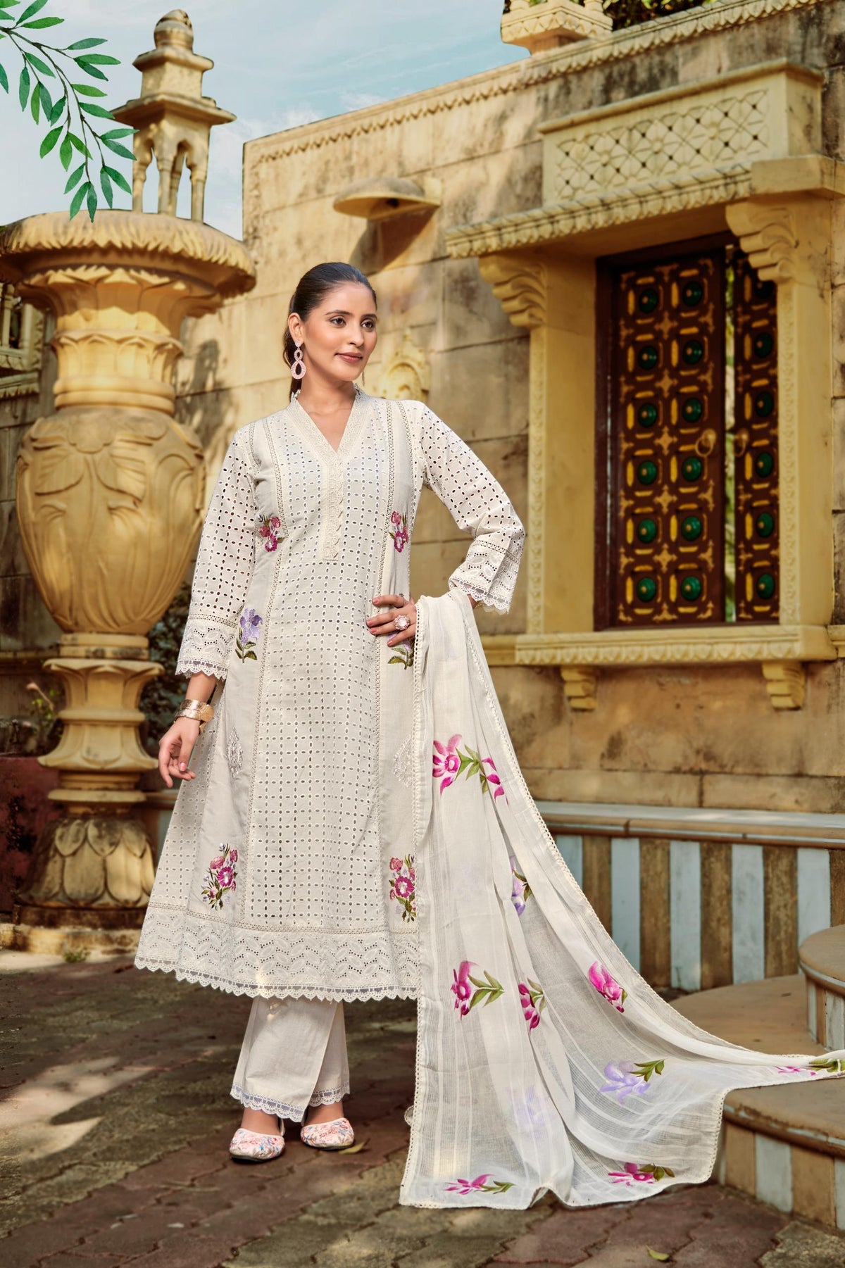 Top - Pure Cotton Shifali With Work Bottom - Cambric with work Duptta - Cotton Leno Handprint Inner - Cotton