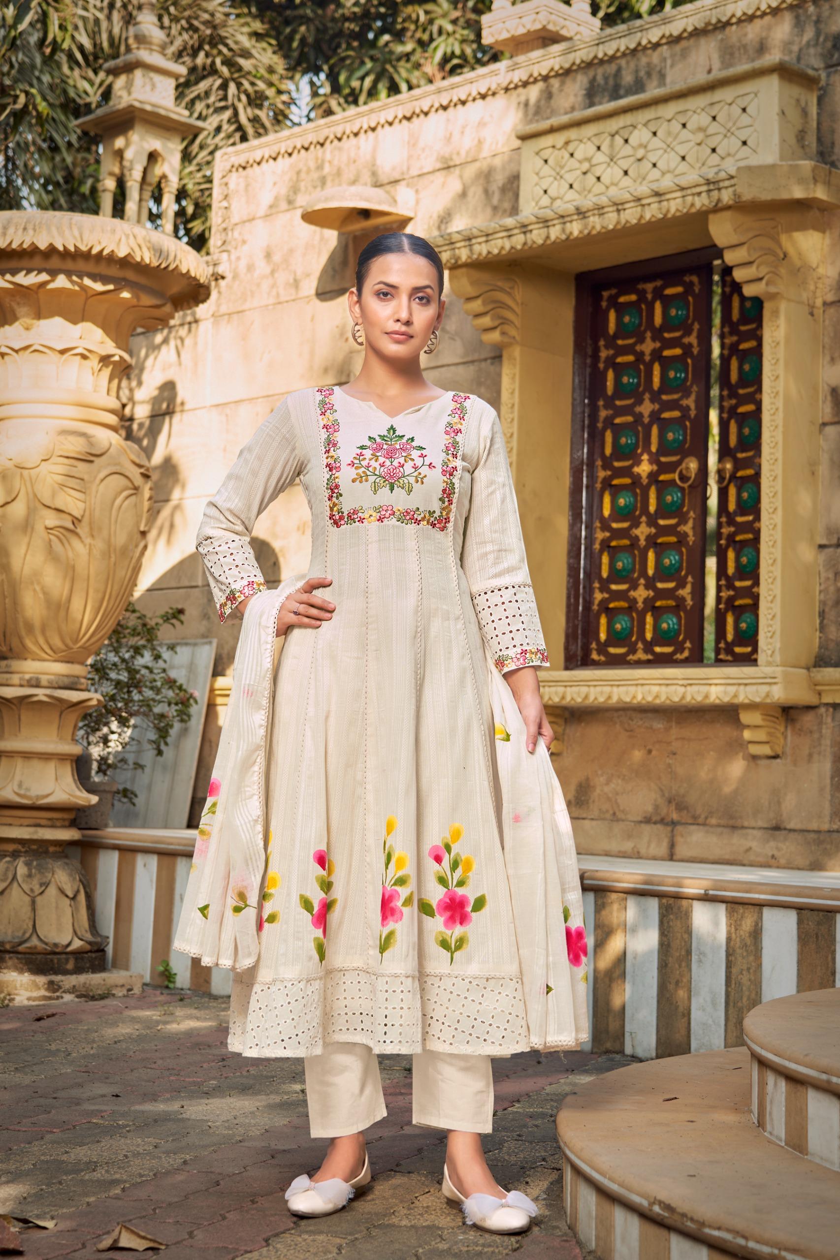 Top - Pure Cotton Self Shiffali with Work Bottom - Cambric with work Duptta - Cotton Leno Handprint Inner - Cotton