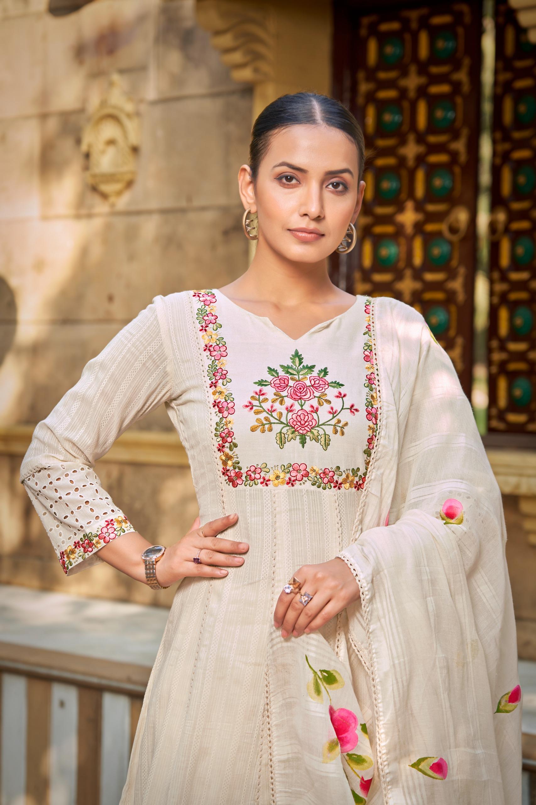 Top - Pure Cotton Self Shiffali with Work Bottom - Cambric with work Duptta - Cotton Leno Handprint Inner - Cotton