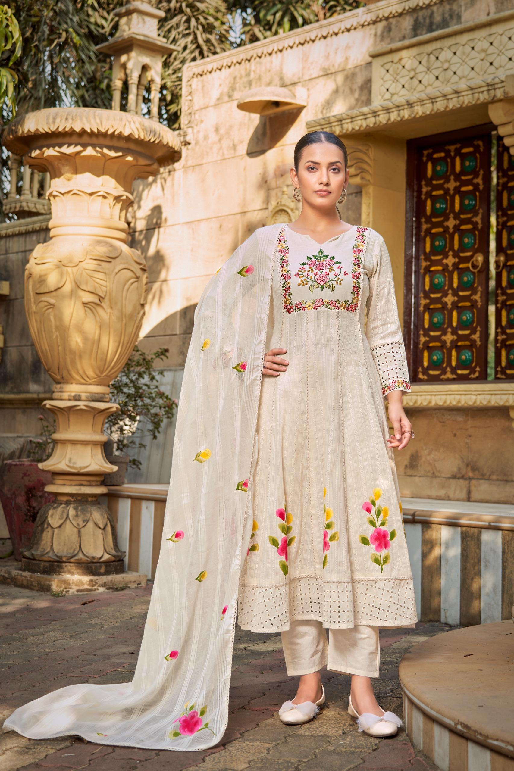 Top - Pure Cotton Self Shiffali with Work Bottom - Cambric with work Duptta - Cotton Leno Handprint Inner - Cotton